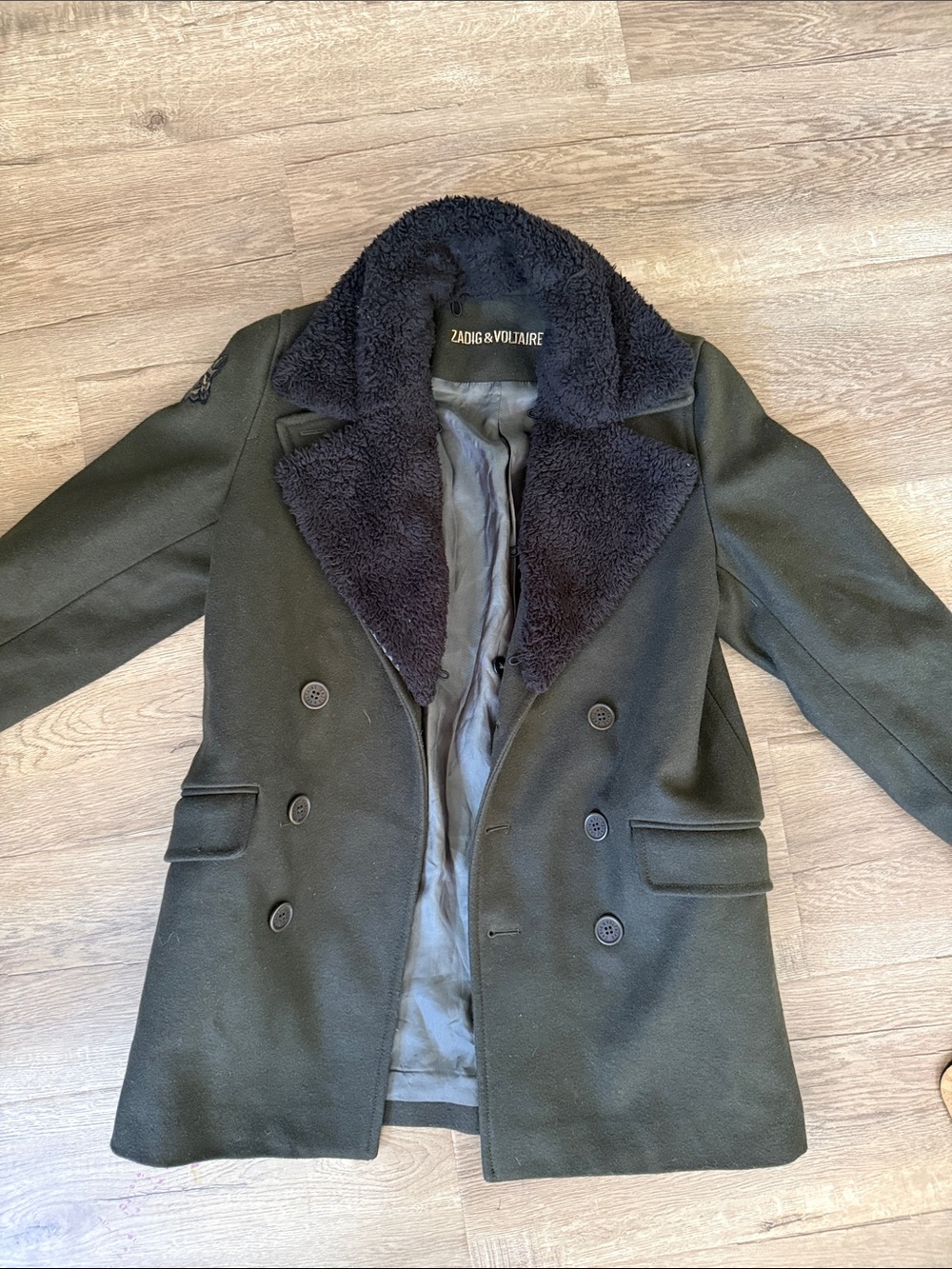 Zadig & Voltaire Army Green Double-Breasted Peacoat fox embroidered XS